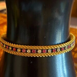 Vintage Goldtone Rope Chain Red Clear Rhinestone Bracelet 6”